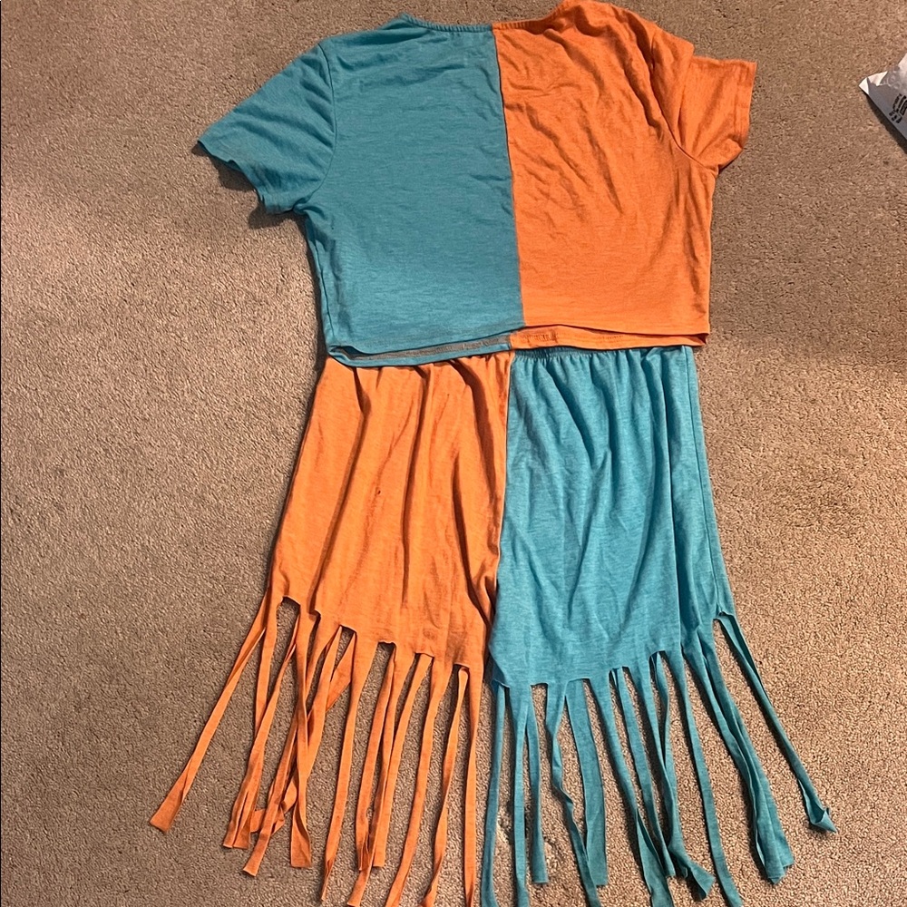 SHEIN Orange and Blue Fringe Bike Shorts Set - Picture 2 of 7
